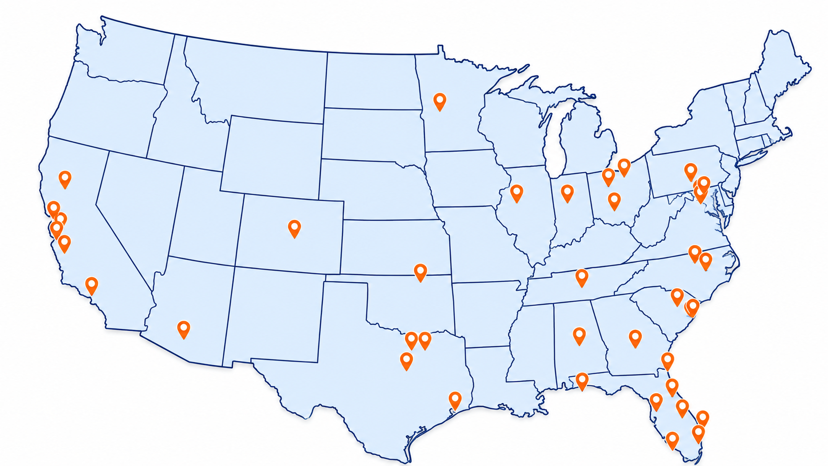 Map of the United States showing JAS Compliance Solutions client locations